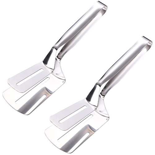 Steak Clamps- 2 Pieces Stainless Steel Double Sided Large Spatula 10 Inch Multifunctional Bread Tongs for Beefsteak Bread Hamburger BBQ Meats Pizza Pies Bread Fish