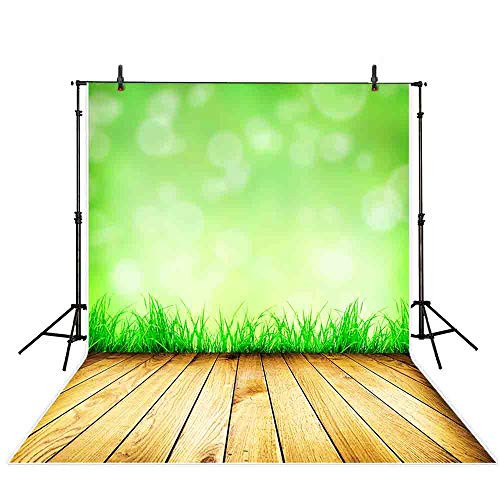 Allenjoy 5X7ft Spring Easter Photography Backdrop Green Sparkle Glitter Bokeh Halos Sparkle Shining Glittering Spots Grass Wooden Floor Photography Background Children Baby Photo Studio Props