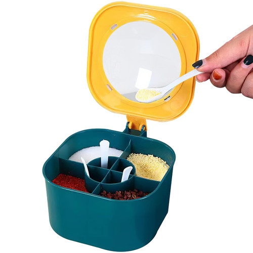 LjLi Set of 4 Seasoning Box with lid and 4 Spoons, Spice Box Four Compartment Container Kitchen Condiment Storage Organizer Jar Spice Pots Shaker with handle for Pepper, Salt, Sugar, Cruet, Blue