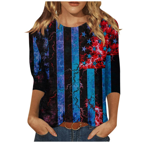 Womens Summer Tops 2023 3/4 Sleeve, Summer Tops for Women, 3/4 Sleeve Shirts for Women, Tee Shirts for Women Loose Fit, Womens Tops 3/4 Sleeve, Cute Tops for Women(Blue,Small)