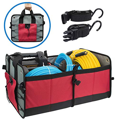 FIXSMITH-Car-Trunk-Organizer,Auto Trunk Organizer,RED,Collapsible Cargo Storage Container,Multipurpose,Portable Grocery Storage Basket with Two Large Compartments for SUV,Truck,Vehicle,Home & Office.