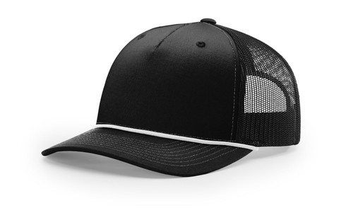 The Hat Pros | Richardson 112FPR Five Panel Pinch Trucker Hat w/Visor Rope | Adjustable Snapback (Black/White)