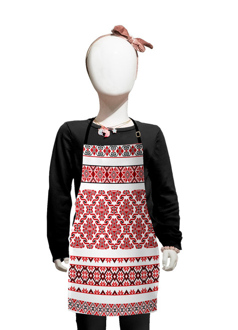 Lunarable Ukrainian Apron, Geometric Floral Composition with Ornate Ukrainian Rushnik Style Illustration, Small Apron Bib with Adjustable Ties for Baking Painting, Small Size, Black Red