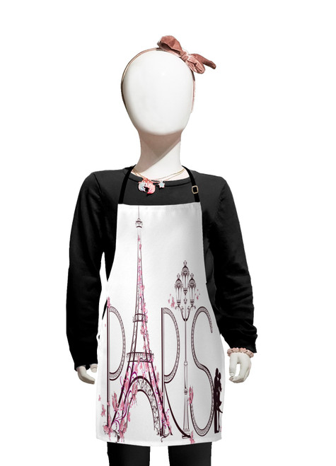 Lunarable Paris Apron, Tower Eiffel Lettering Couple Trip Flowers Floral Design European Print, Small Apron Bib with Adjustable Ties for Baking Painting, Small Size, Pale Pink Plum