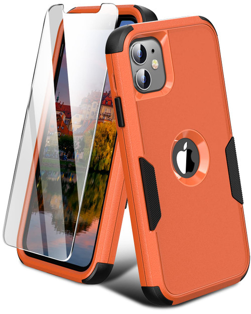 FireNova Design for iPhone 11 Case, with [Tempered Glass Screen Protector][Shockproof] [Dropproof],Protective Heavy-Duty 3 in 1 Tough Rugged Non-Slip Protective Phone Case Cover,6.1 Inch,Orange