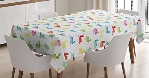 Lunarable Paint Tablecloth, Cute Rabbits in Different Poses Jumping Running Bunnies Happy Easter Paintbrush Art, Dining Room Kitchen Rectangular Table Cover, 60 W X 84 L inches, Multicolor