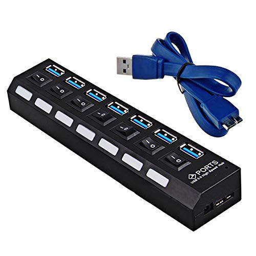 Junmin 7 Port USB 3.0 HUB 5Gbps High Speed +AC Power Adapter for PC Laptop Mac