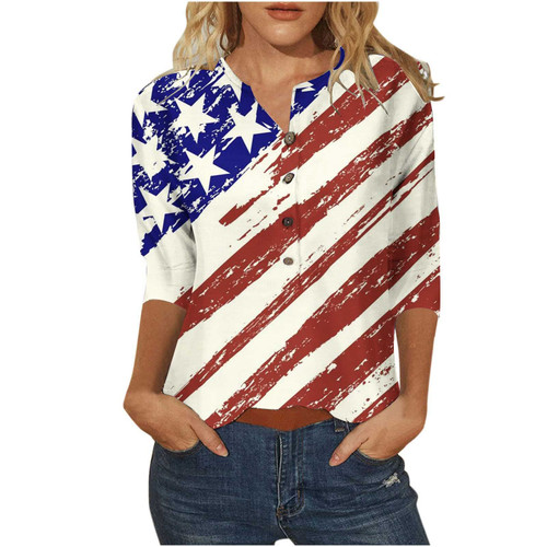 Cyber of Monday Deals 2024 3/4 Length Sleeve Womens Tops Crewneck Cute Shirts Casual Print Trendy Tops Three Guarter Length T Shirt Summer Pullover Black of Friday Deals Today