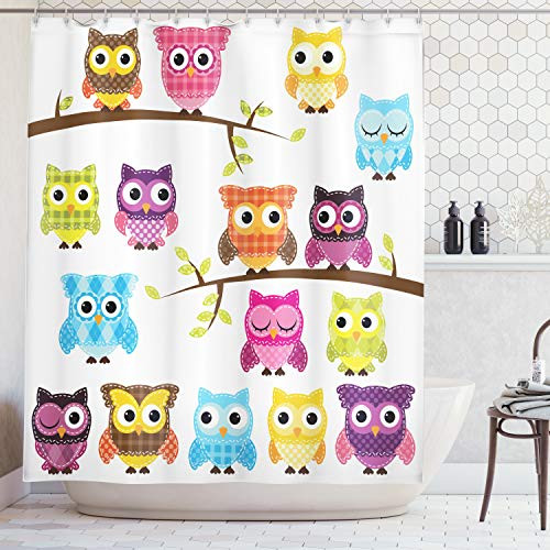 Ambesonne Owls Home Decor Collection, Owls on Branches Night Time Jungle Wildlife Patchwork Quilt Style Design, Polyester Fabric Bathroom Shower Curtain Set with Hooks, Purple Blue Yellow Pink Ambesonne Owls Home Decor Collection, Owls on Branches Night Time Jungle Wildlife Patchwork Quilt Style Design, Polyester Fabric Bathroom Shower Curtain Set with Hooks, Purple Blue Yellow Pink