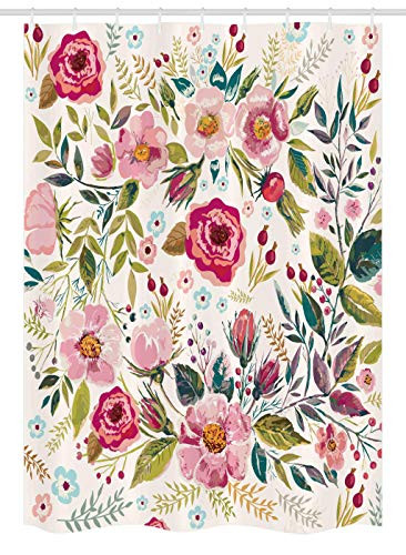 Ambesonne Floral Stall Shower Curtain, Shabby Chic Flowers Roses Petals Dots Leaves Buds Spring Season Theme Image Artwork, Fabric Bathroom Decor Set with Hooks, 54 W x 78 L Inches, Multicolor