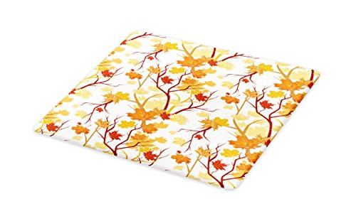 Lunarable Fall Cutting Board, Swirling Fall Leaves with Shady Seasonal Elements Aesthetic Nature Artistic Image, Decorative Tempered Glass Cutting and Serving Board, Large Size, Yellow Orange