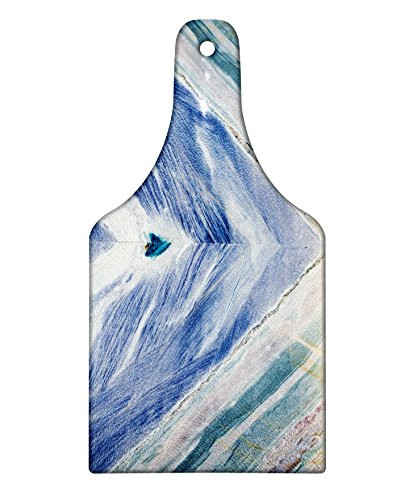 Lunarable Marble Cutting Board, Onyx Stone Tribal Style with Color Elements Agate Authentic Pattern, Decorative Tempered Glass Cutting and Serving Board, Wine Bottle Shape, Teal Dark Blue Pale Grey