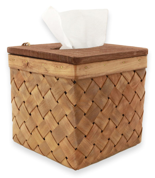 Tissue Box Cover, Woodchip Tissue Box Holder with Lid, Square Handwoven Facial Tissue Holder, Decorative Square Tissue Cover (Coffee Color)
