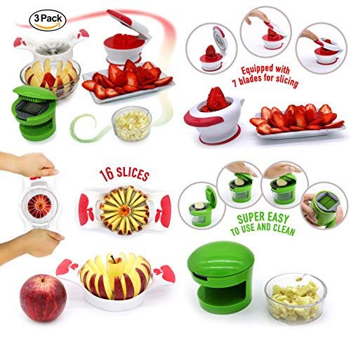 Strawberry Slicer Apple Slicer Corer 16 Thin Slices Garlic Slicer Garlic Press Slicer & Dicer 3 Pack Bundle