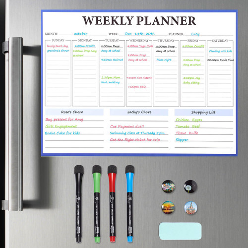 Pubell Dry Erase Board Fridge Calendar - Weekly Magnetic Calendar for Refrigerator, Weekly Planner Schedule Board for Family with 4 Erasable Pens & 4 Cute Glass Magnets, 1 Eraser for Home Kitchen