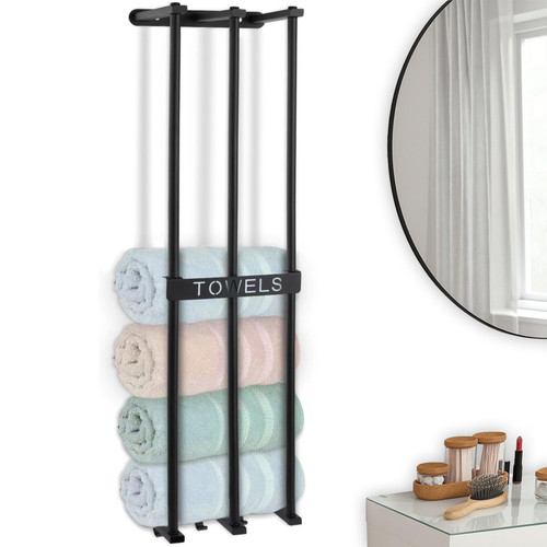 NEWPIC Bathroom Towel Storage Rack, 3-Bar Adhesive Wall Towel Rack for Rolled Towels, Metal Wall Mounted Towel Organizer for Bathroom with Extra 3 Hooks, Suitable for Large Folded Towels and Blankets
