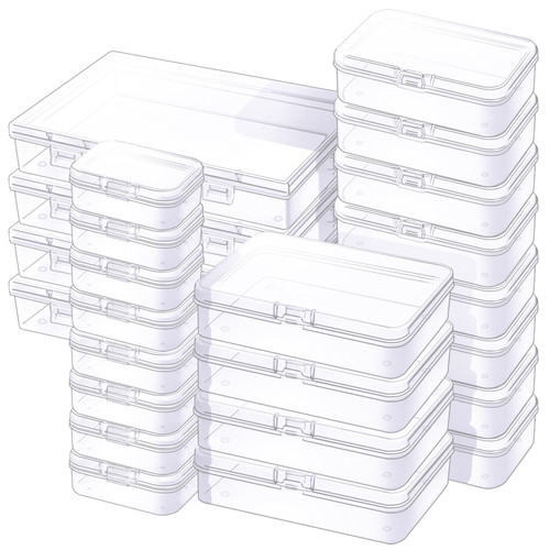 Mauproy 24 Pack Mixed Sizes Small Plastic Containers with Hinged Lids, Rectangular Clear Plastic Storage Boxes Empty Beads Organizer for Small Items and Other Craft Projects