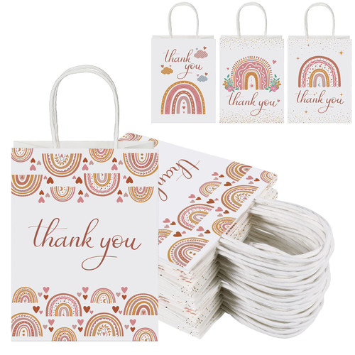 Laumoi 20 Pcs Rainbow Thank You Bags Rainbow Thank Party Bags with Handles Goodie Treat Candy Paper Bags White Kraft Paper Bags Party Favor Bags for Wedding Birthday Baby Shower Party Favors