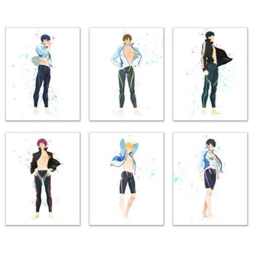 Watercolor Free!! Iwatobi Swim Club Prints - Set of 6 (8x10) Glossy Anime Wall Art Decor - Haruka Nanase (Haru) - Makoto Tachibana - Rin Matsuoka - Nagisa Hazuki - Rei Ryugazaki - Sosuke Yamazaki