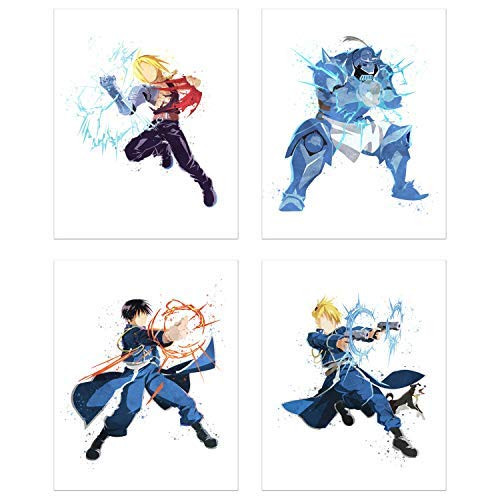 Crystal Watercolor Fullmetal Alchemist Brotherhood Poster Prints - Set of 4 (8x10) Minimalist FMA Shonen Anime Fanart Wall Art Decor - Edward Elric - Alphonse Elric - Roy Mustang - Riza Hawkeye