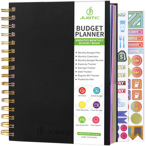 JUBTIC Budget Planner and Monthly Bill Organizer with Pockets. Undated Financial Planner Budget Book and Expense Tracker Notebook, Budgeting Journal to Control Your Money - 5.6" x 8.2" (Black) JUBTIC Budget Planner and Monthly Bill Organizer with Pockets. Undated Financial Planner Budget Book and Expense Tracker Notebook, Budgeting Journal to Control Your Money - 5.6" x 8.2" (Black)