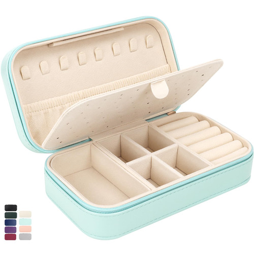 DesignSter Travel Jewelry Box, PU Leather Portable Jewelry Case, Small Jewelry Boxes for Gifts, Travel Jewelry Organizer for Women Rings Earrings Necklaces Bracelets (Mint Green)