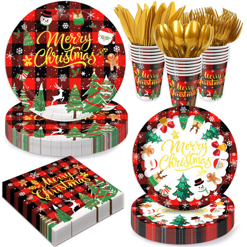Christmas Paper Plates and Napkins Set, Disposable Christmas Foil Gold Paper Tableware Included Plates, Cups, Napkins, Cutlery, Serves 24 Guests