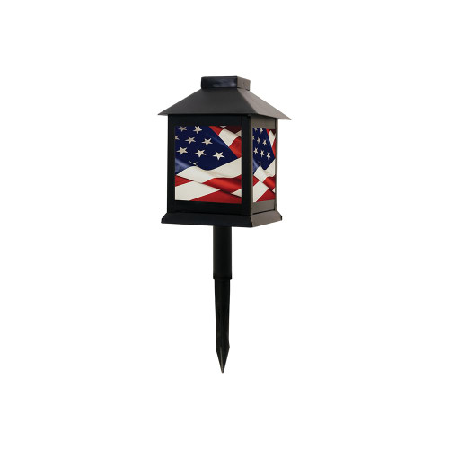 Carson American Flag Lantern Pick with Automatic Timer Candle and Weather Friendly, 7.25-inch Height, Metal, Outdoor, Garden Decor
