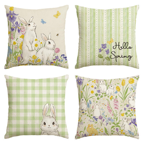 AVOIN colorlife Hello Spring Happy Easter Bunny Flowers Throw Pillow Covers, 18 x 18 Inch Buffalo Plaid Green Cushion Case Decoration for Sofa Couch Set of 4 AVOIN colorlife Hello Spring Happy Easter Bunny Flowers Throw Pillow Covers, 18 x 18 Inch Buffalo Plaid Green Cushion Case Decoration for Sofa Couch Set of 4
