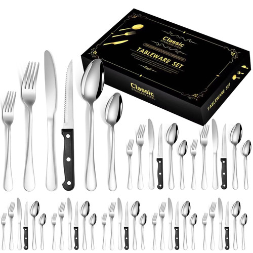 48 Pieces Silverware Set with Steak Knives?Heavy Duty Stainless Steel Flatware Set for 8?Food-Grade Tableware Cutlery Utensil Set for Home Restaurant Wedding?Mirror Polished and Dishwasher Safe. 48 Pieces Silverware Set with Steak Knives?Heavy Duty Stainless Steel Flatware Set for 8?Food-Grade Tableware Cutlery Utensil Set for Home Restaurant Wedding?Mirror Polished and Dishwasher Safe.