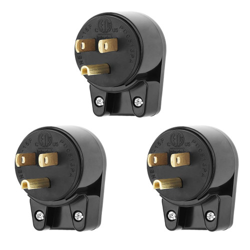 (3xPack) Right Angle Nema 5-15P Rewirable Plug, 15A 125V Household DIY AC Plug, 3 Prong 90 Degree Power Plug,12 Directions Male USA Canada AC Power Plug, Etl Listed,Black