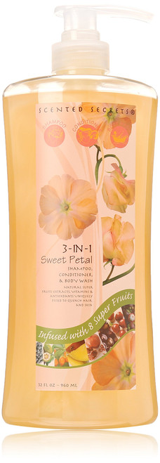 Scented Secrets 3 In 1 Shampoo, Conditioner and Body Wash, 32 Ounce, Sweet Petal