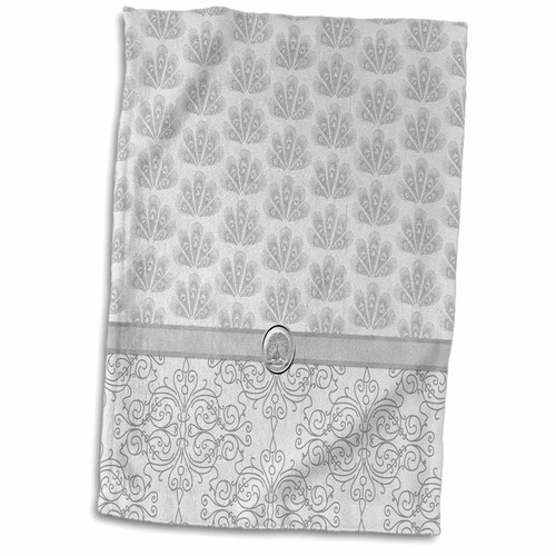 3D Rose Damask and Peacock Print-Silver Gray Towel, 15" x 22"