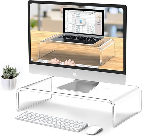 Kusport Acrylic Monitor Stand Riser Clear Laptop Stand for Desk Acrylic Monitor Riser for Desk Accessories Aesthetic Laptop Riser Clear Computer Stand White Office Supplies for Women Essentials