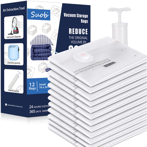 Suob Vacuum Storage Bags - 12 Pack Small Vacuum Seal Bags for Clothing, Bedding, Clothes, Blankets, Comforters - Reusable, Space Saver, Double-Zip Vacuum Sealed Storage Bags with Hand Pump