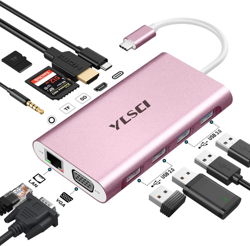 USB C Hub, YLSCI 11 in 1 Docking Station with 4K HDMI, VGA, 100W PD, Ethernet, SD/TF, 3.5MM Audio, 4 USB A, USB C Adapter for Mac Pro/Air, Surface Pro, and More