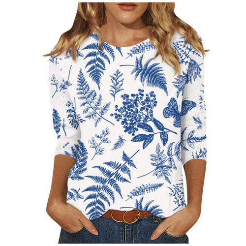Womens Summer Tops 2023 3/4 Sleeve, Shirts for Women Trendy, 3/4 Sleeve Tops, Tee Shirts for Women Loose Fit, Womens Shirts 3/4 Sleeve, Cute Summer Tops for Women(Light Blue,Large)