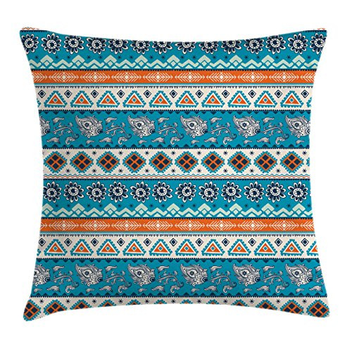 Ambesonne Tribal Throw Pillow Cushion Cover, Aztec Ethnic Print with Persian Tulips Floral Spring Season Bohemian Art, Decorative Square Accent Pillow Case, 18 X 18 Inches, Blue Orange and White