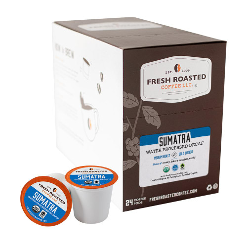 Fresh Roasted Coffee,100% Organic Sumatra Swiss Water Decaf | Single Origin | Medium Roast | RFA Kosher | K-Cup Compatible | 24 Pods