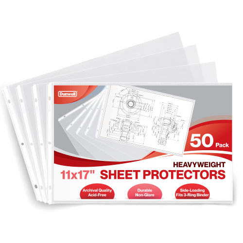 Dunwell 11x17 Sheet Protectors Landscape - (50 Pack, Heavyweight), 11 x 17" Ledger Size Plastic Sleeves, 3 Hole Punched, Fits 3-Ring Binders, Clear Archival Sleeves, Oversized Sheet Protectors