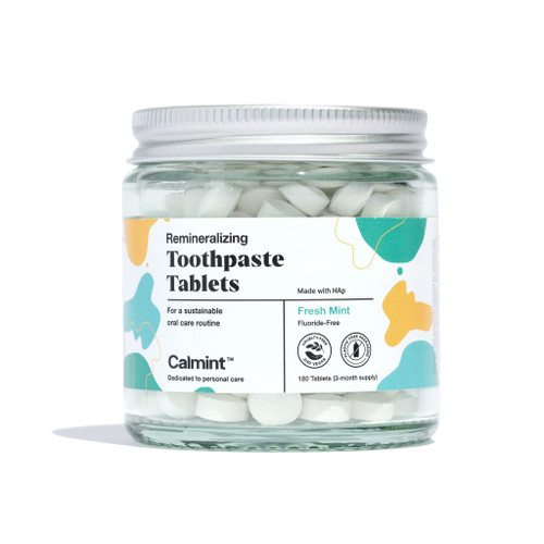 Calmint Remineralizing Whitening Toothpaste Tablets with Hydroxyapatite - 180 Count | Eco & Travel Friendly | Heals & Protects Gums | Sensitive for Adults and Kids | Natural | Fluoride-Free (Mint)
