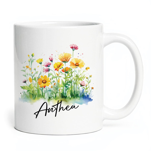 Personalized Name Wildflowers Garden White Porcelain Mug, Custom Colorful Wildflowers Coffee Cup 11Oz Or 15Oz, Awesome Floral Tea Mug Custom Choose Name Gift For Floral Lovers