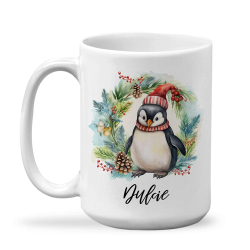 Personalized Mug with a Cute Penguin, Custom Name Coffee Mug for Penguin Lovers, Ideal Seasonal Gift for Friends and Family, Travel Mug For Animal Lovers, Birthday, Christmas