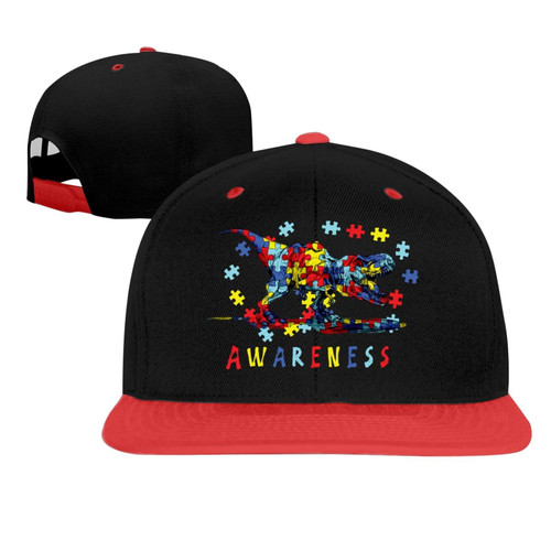 Puzzle Dino Autism Awareness Classic Snapback Hat Hip Hop Flat Bill Visor Cap - Unisex Adult Adjustable Baseball Hats Gorras Planas Red