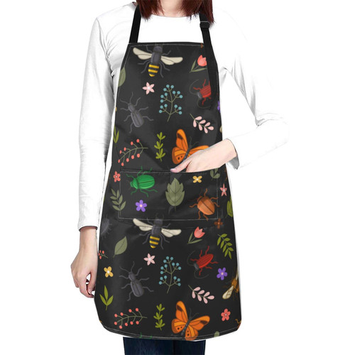 Oplp Cute Insects and Flowers Waterproof Apron Black background Cooking Kitchen Apron Unisex Adjustable Apron