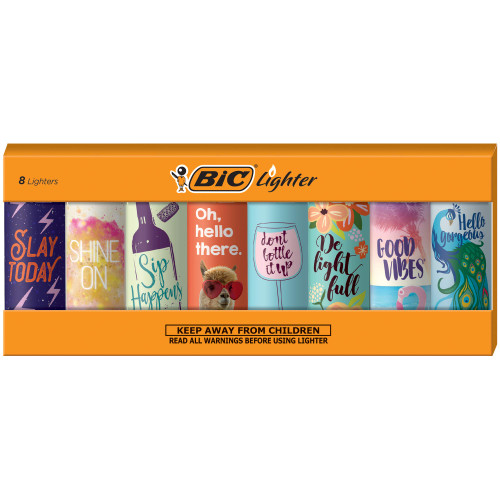 BIC Maxi Pocket Lighter, Special Edition Positive Affirmations Collection, Assorted Unique Lighter Designs, 8 Count Pack of Lighters