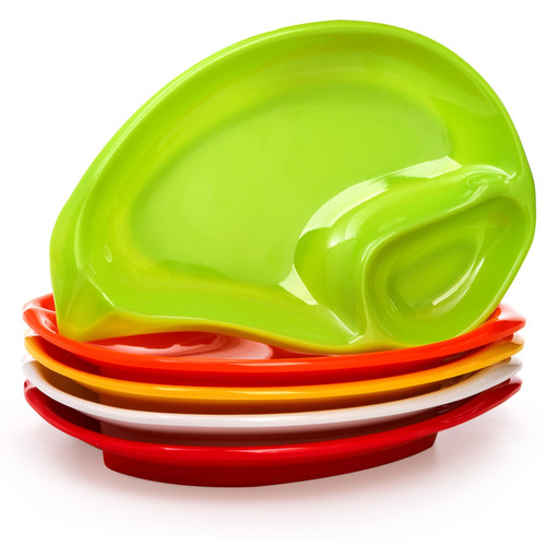 Yesland 5 Pack Chips and Dip Plates, Melamine Dipping Bowl Divided Dumpling Plate with Sauce Holder 8.5 x 5.5 Inch Reusable Snack Dishes for Appetizer, Sushi, Taco Salsa, Charcuterie, Multi-color