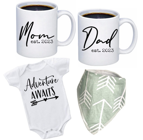 Tipit Drinkware Pregnancy Gift Est 2023-New Parents Gifts-Mommy and Daddy Est 2023 11 oz Mug Set -Adventure Awaits Romper (0-3M)-Top Mom and Dad Gift Set for New and Expecting Parents to Be (Green)