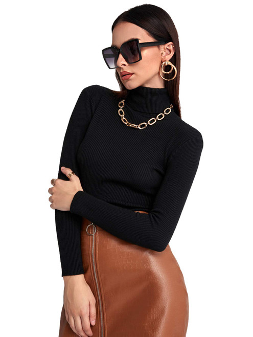 SweatyRocks Women's Long Sleeve Turtleneck Ribbed Knit Pullover Sweater Top Black S
