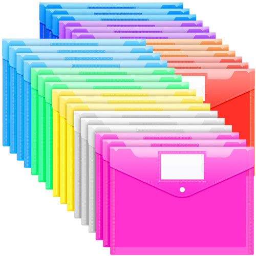 Sooez 28 Pack Plastic Envelopes Poly Envelopes, Clear Document Folders US Letter A4 Size File Envelopes with Label Pocket & Snap Button for Home Work Office Organization, 9 Assorted Colors